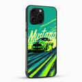 Phone case with a green Mustang graphic on a teal and black background