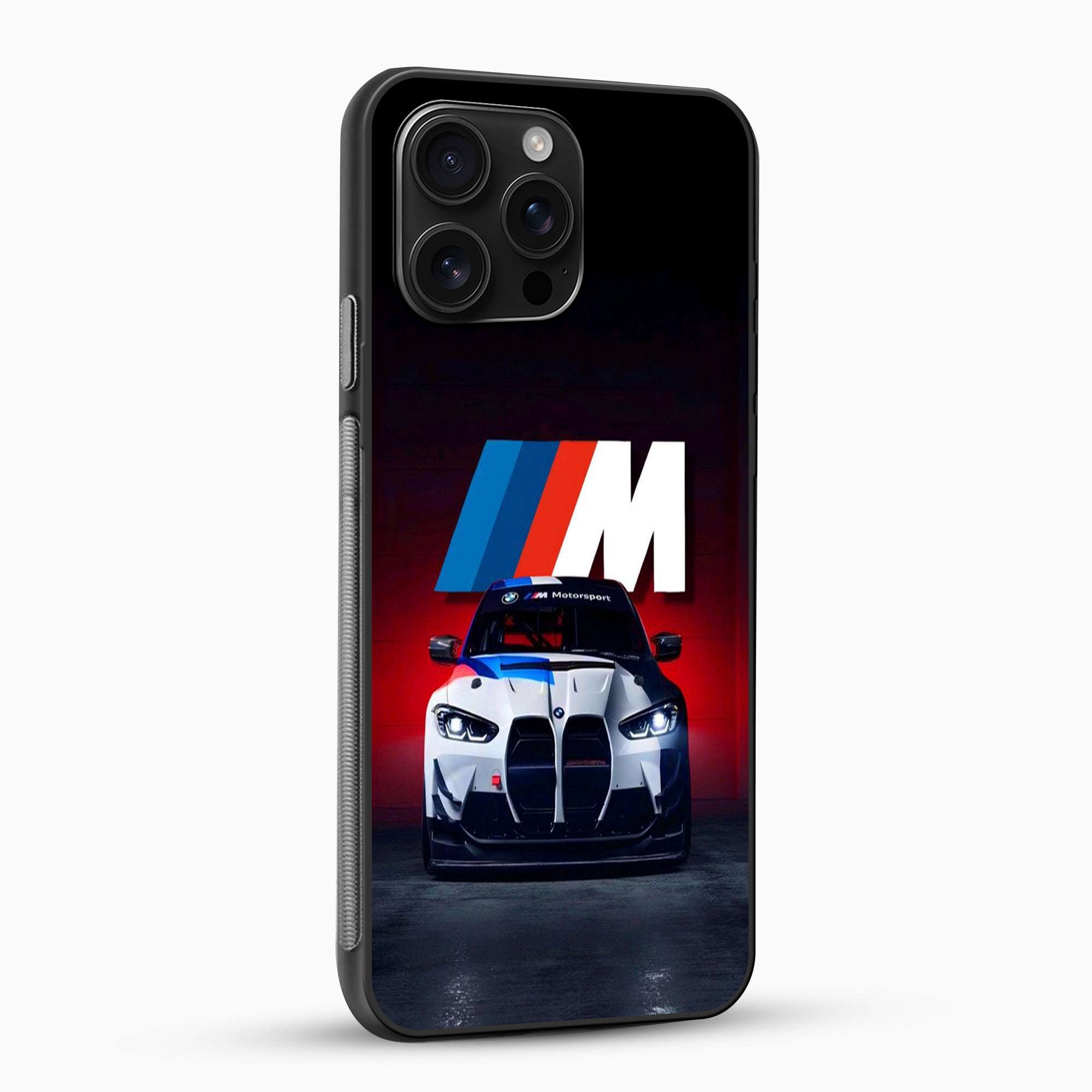 Phone case with BMW logo and car design on a black background
