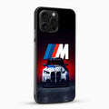 Phone case with BMW logo and car design on a black background