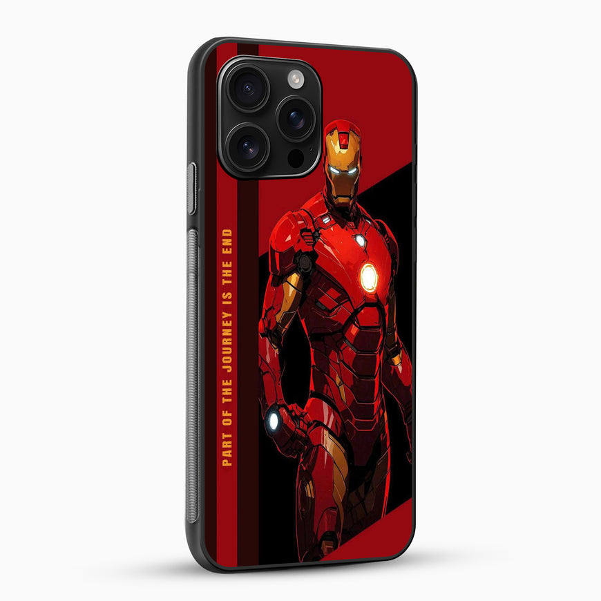 Phone case with Iron Man design on a red and black background