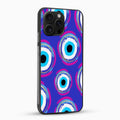 Phone case with colorful circular pattern on a blue background