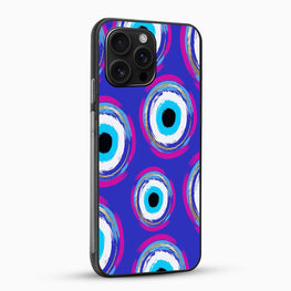 Phone case with colorful circular pattern on a blue background