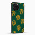 Phone case with yellow spiral pattern on a green background