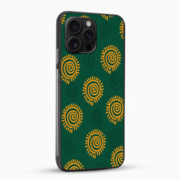 Phone case with yellow spiral pattern on a green background