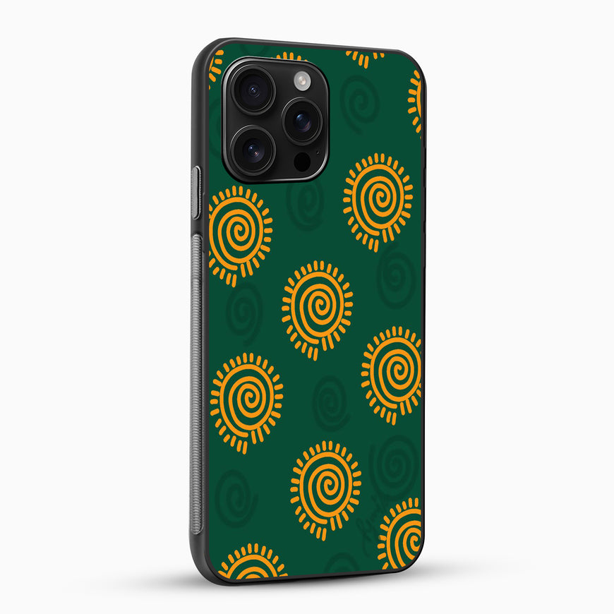 Phone case with yellow spiral pattern on a green background