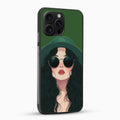 Phone case with a design of a woman wearing sunglasses on a green background