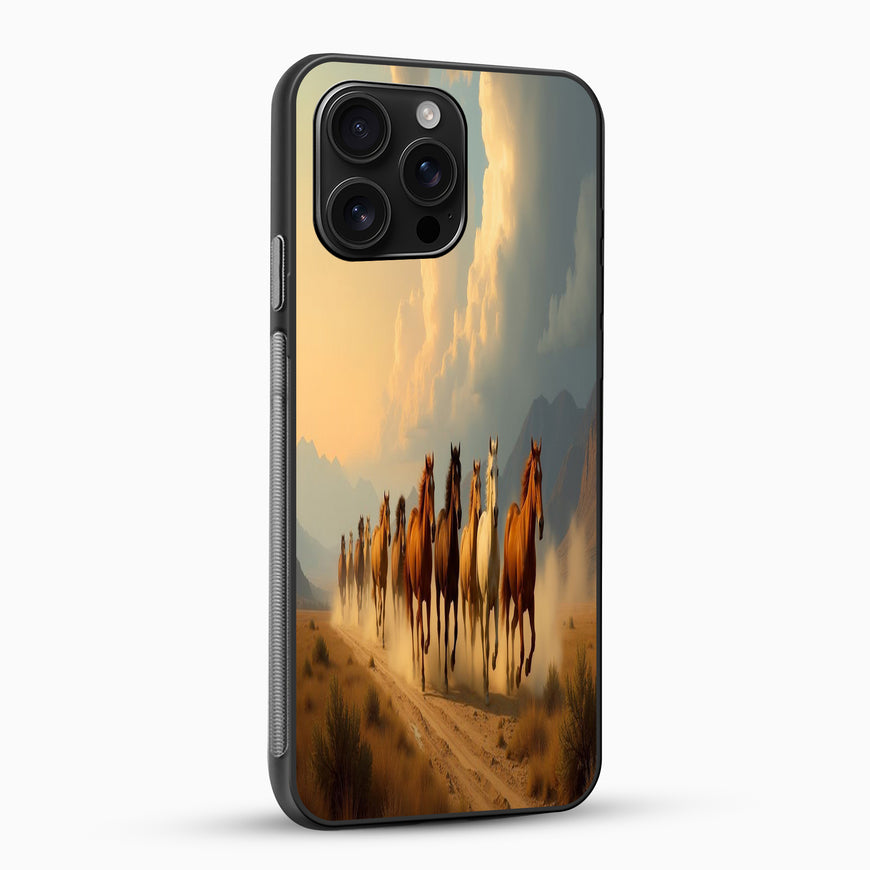 Phone case with a design of horses running on a dirt path at sunset.