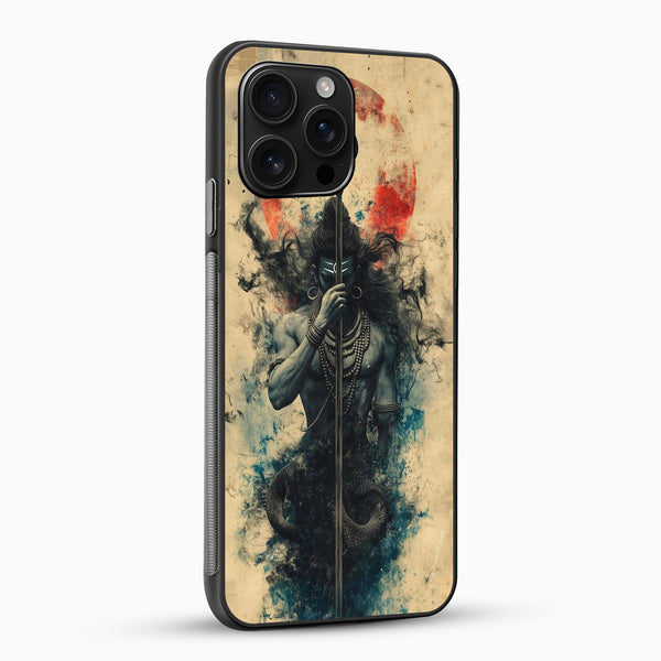 Phone case with artistic design of a figure holding a staff on a textured background