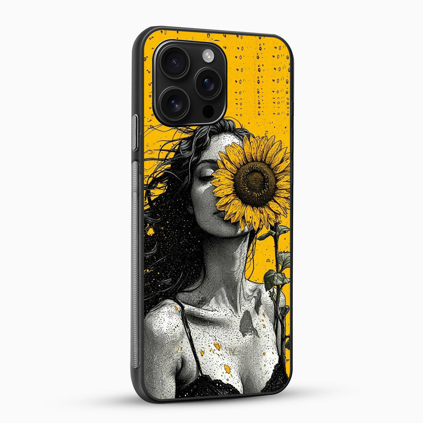 Phone case with a design of a woman holding a sunflower on a yellow background
