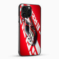 Phone case with a red and white design featuring a car on a white background