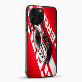Phone case with a red and white design featuring a car on a white background
