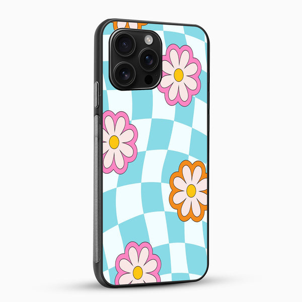 Phone case with a checkered pattern and floral design on a white background