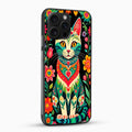 Phone case with a colorful cat design on a black background