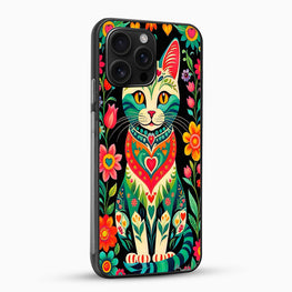 Phone case with a colorful cat design on a black background