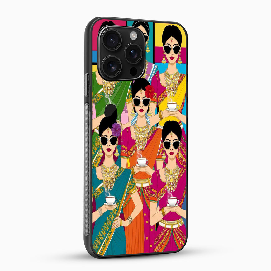 Phone case with colorful design of women in traditional attire on a white background