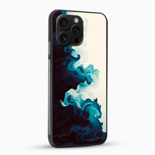 Phone case with blue and white abstract design on a beige background
