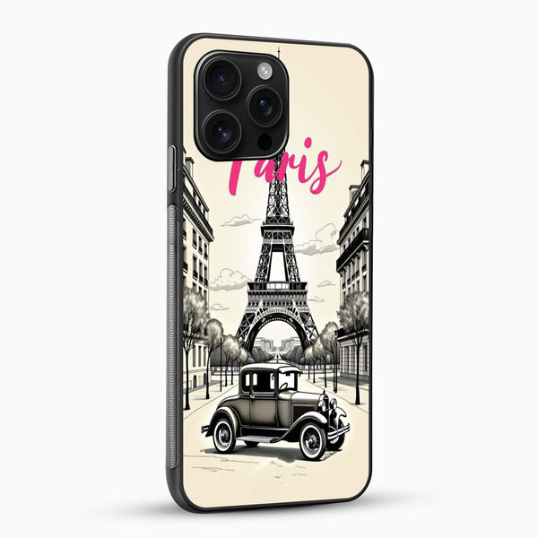 Phone case with Eiffel Tower and vintage car design on a beige background