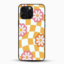 Phone case with a checkered pattern and floral design on a white background