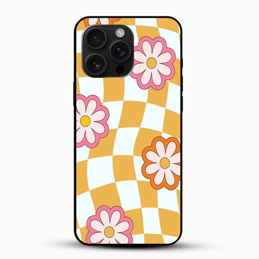 Phone case with a checkered pattern and floral design on a white background