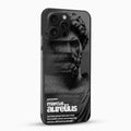 Phone case with a black and white bust of a philosopher and a quote by Marcus Aurelius on a white background.
