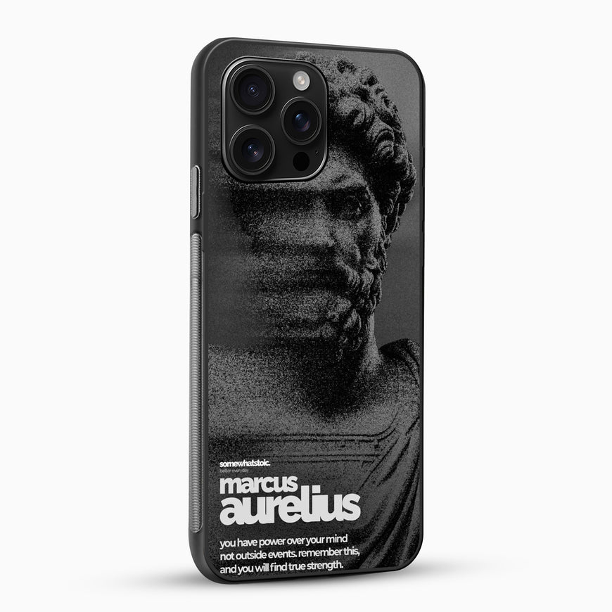 Phone case with a black and white bust of a philosopher and a quote by Marcus Aurelius on a white background.