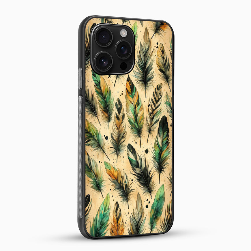 Phone case with feather pattern on a beige background
