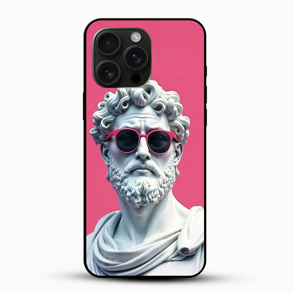 Phone case with classical statue wearing pink sunglasses on a pink background