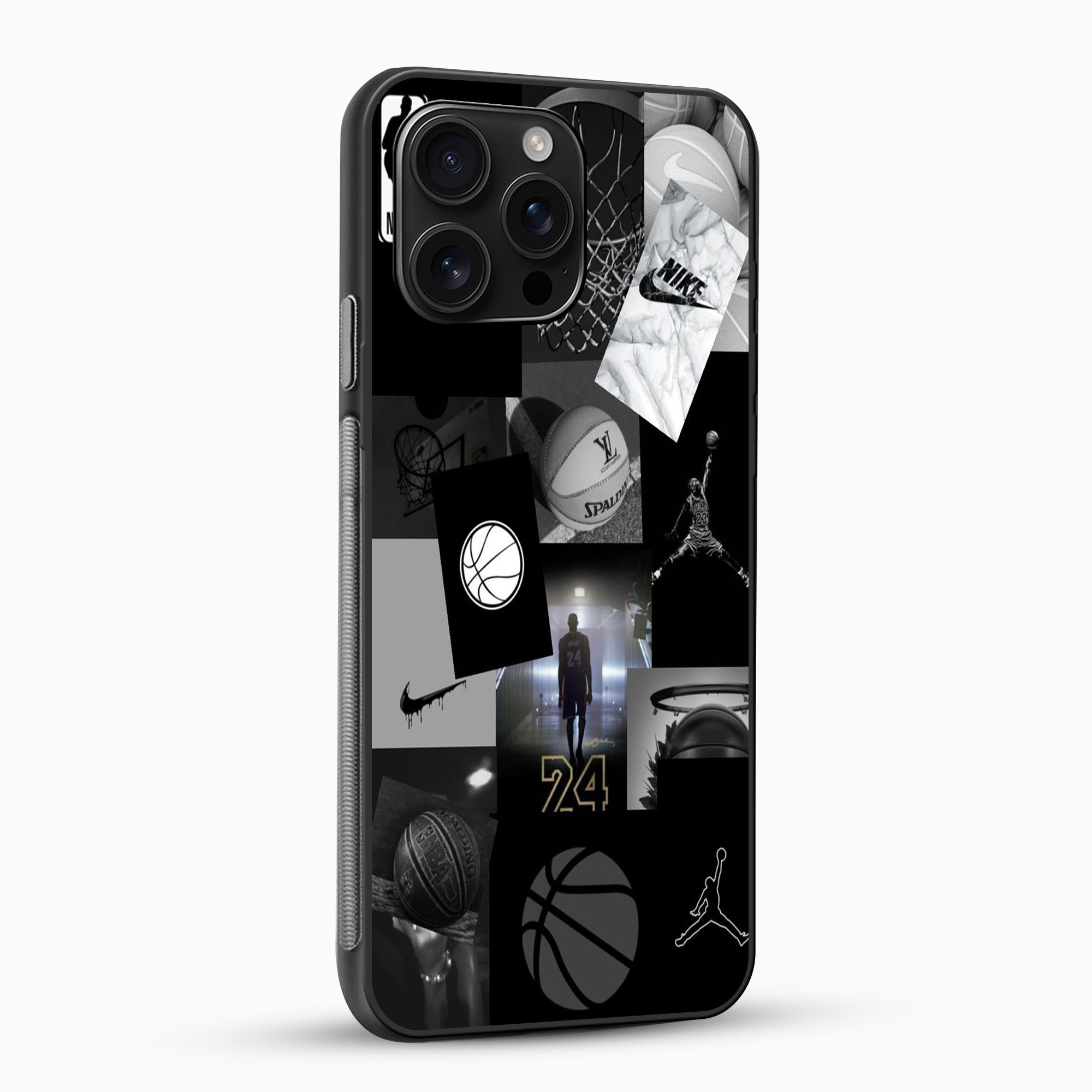 Phone case with black and white collage design featuring sports and lifestyle elements on a white background.