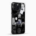 Phone case with black and white collage design featuring sports and lifestyle elements on a white background.