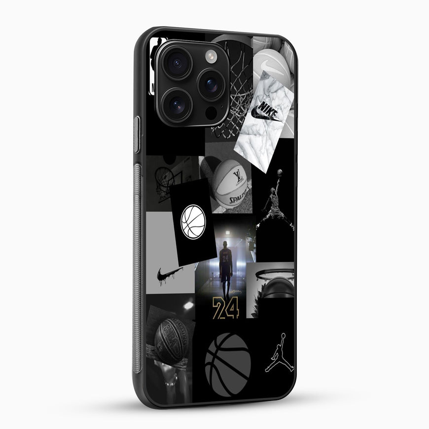 Phone case with black and white collage design featuring sports and lifestyle elements on a white background.