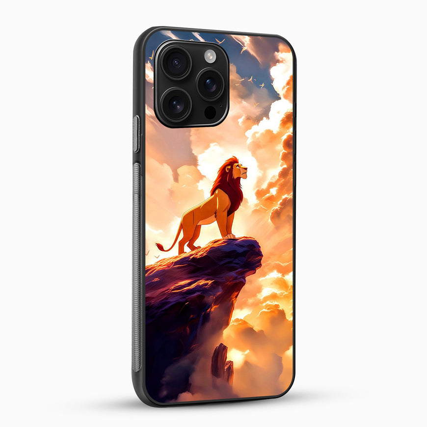 Phone case with a lion standing on a rock against a sunset sky
