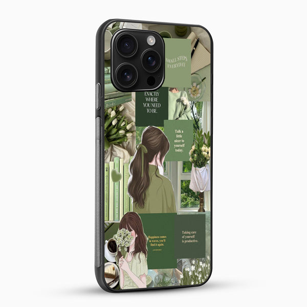 Phone case with a design of a woman holding flowers and text, on a white background