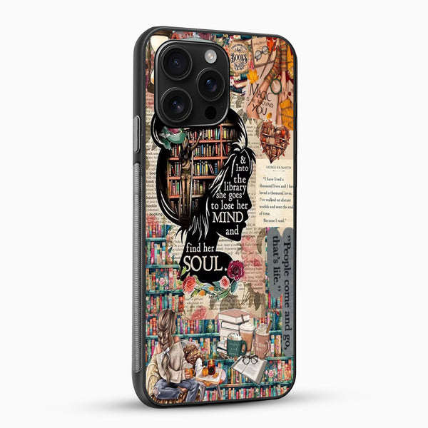 Phone case with a collage design featuring books, a woman, and text on a white background