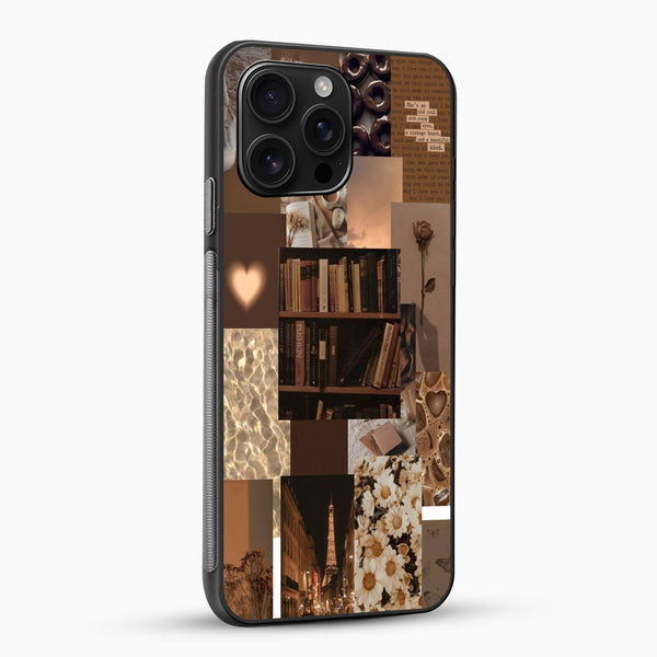 Phone case with collage design featuring books, shelves, and architectural elements on a white background