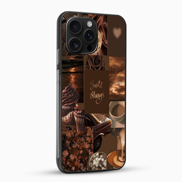 Phone case with collage of images including a car, cupcake, and text 'Smile Always' on a white background.