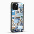 Phone case with a collage of images featuring blue elements on a white background