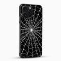 Phone case with a spider web design on a black background