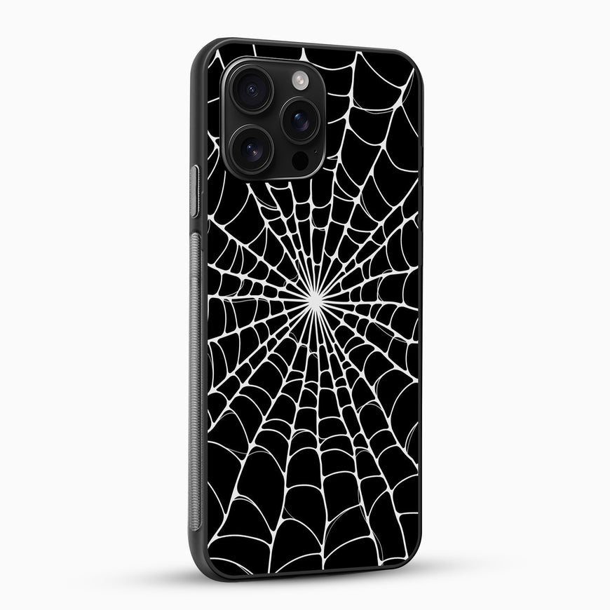 Phone case with a spider web design on a black background