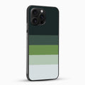 Phone case with a green and white color block design on a white background
