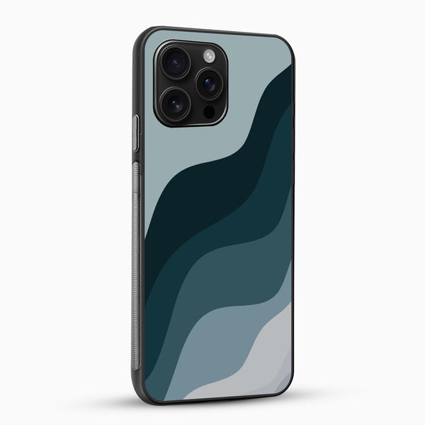 Phone case with wavy blue design on a white background