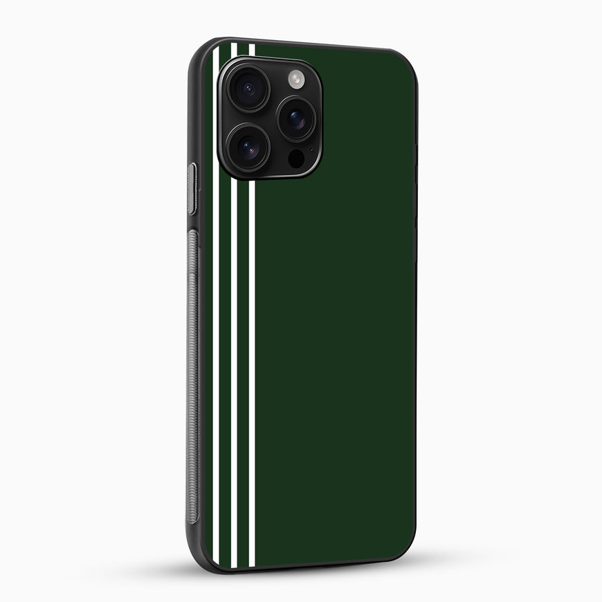 Green phone case with white stripes on a white background