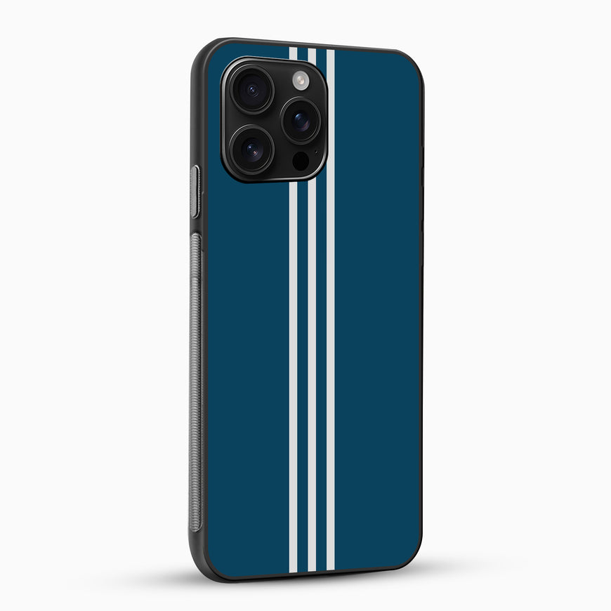 Phone case with blue background and white stripes on a white background