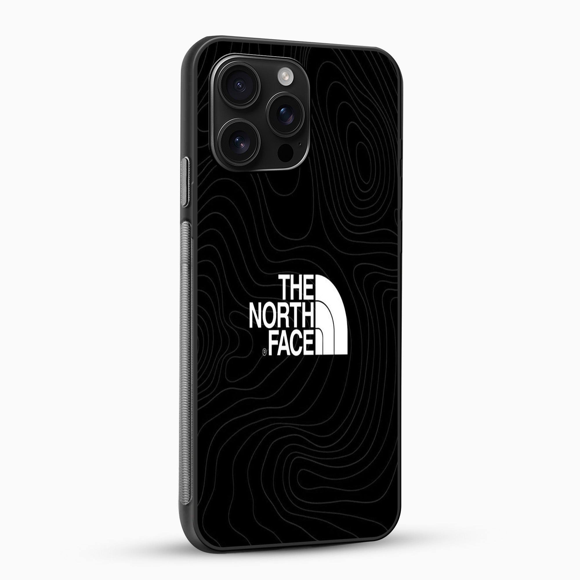 Black phone case with The North Face logo on a white background