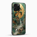 Phone case with nature design featuring a moon, trees, and waterfall on a green background