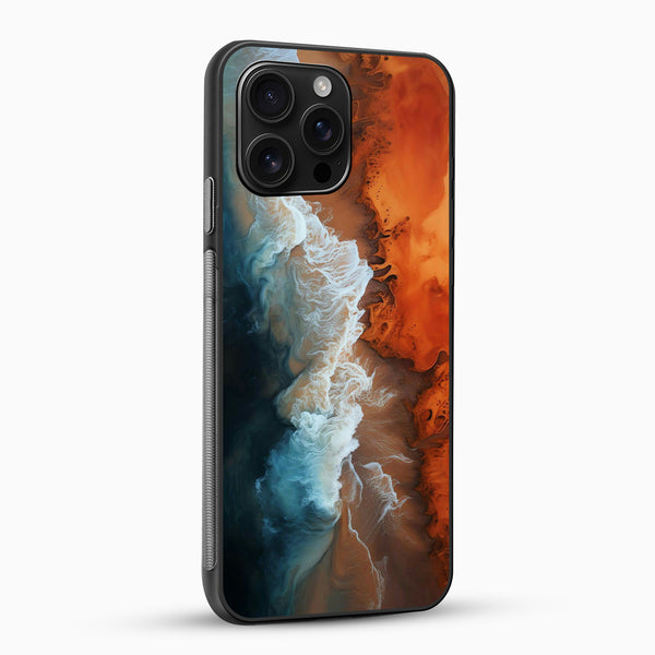 Phone case with a design of a beach and ocean waves on a white background