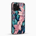 Phone case with pink and blue leaf pattern on a white background