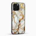 Phone case with gold and white marble pattern on a white background