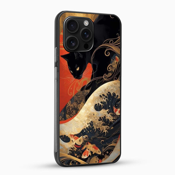 Phone case with black cat, goldfish, and wave design on a white background
