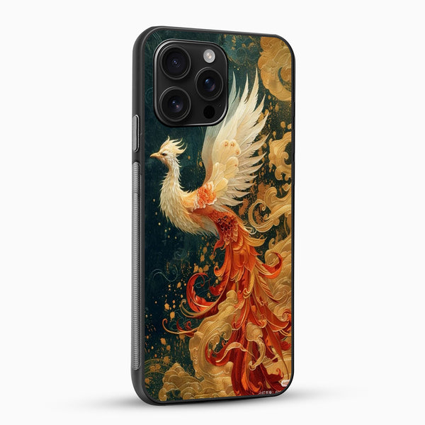 Phone case with a phoenix design on a dark background