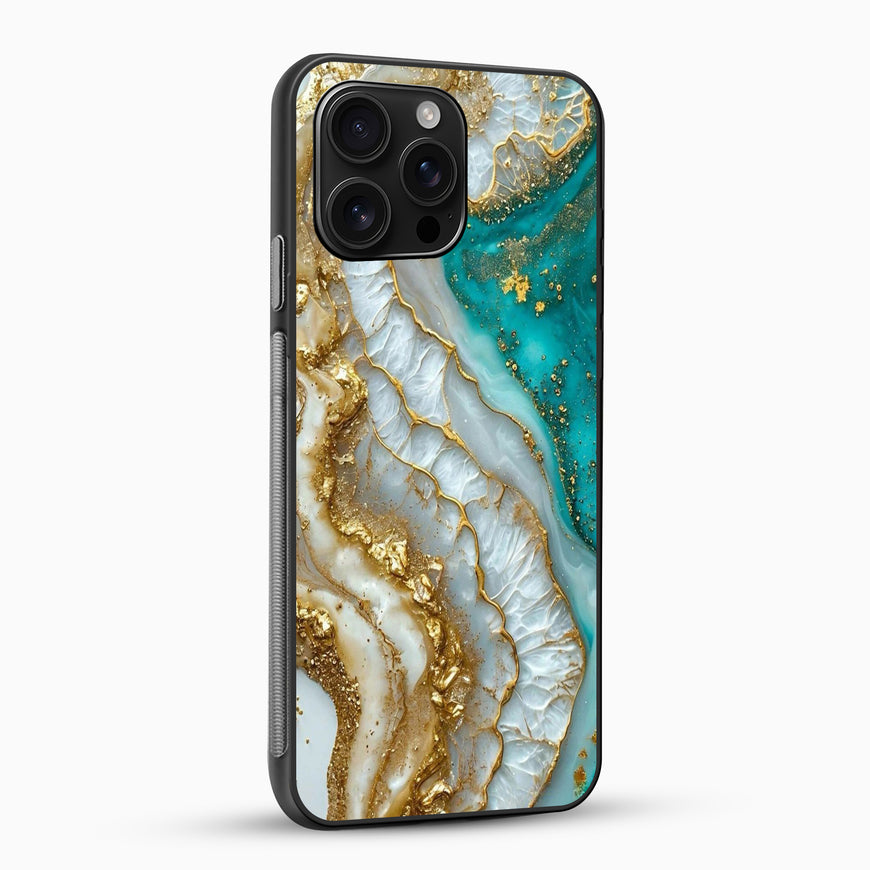 Phone case with a marbled design featuring gold, blue, and white on a white background